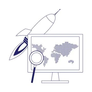 Space rocket and computer with magnifying glass, flat design Stock Illustration
