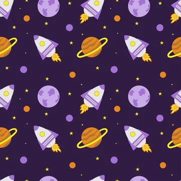 Space rocket and planets with stars on a purple background. Space exploration Stock Illustration