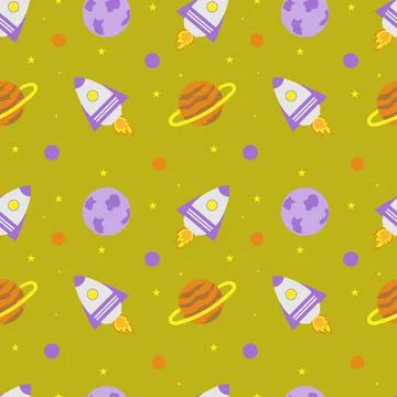 Space rocket and planets with stars on a yellow background. Space exploration Stock Illustration