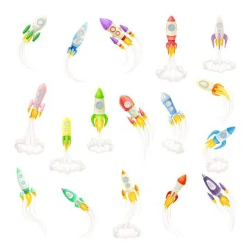Space Rocket and Shuttle for Cosmos Exploration Vector Set Stock Illustration