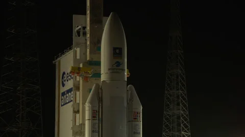 Space rocket Ariane 5 on the launch pad by night Stock Footage 104202498