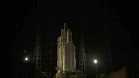 Space rocket Ariane 5 on the launch pad by night Stock Footage 104204281