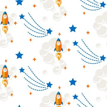 Space rocket cartoon seamless vector pattern. Stock Illustration