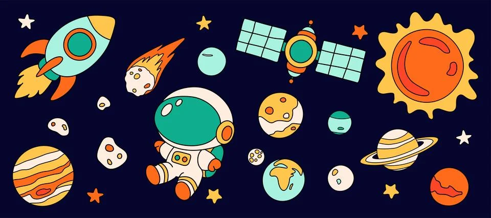Space rocket, comet and planet with astronaut and spaceship for science or Stock Illustration