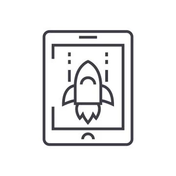 Space rocket computer game vector line icon, sign, illustration on background 스톡 일러스트