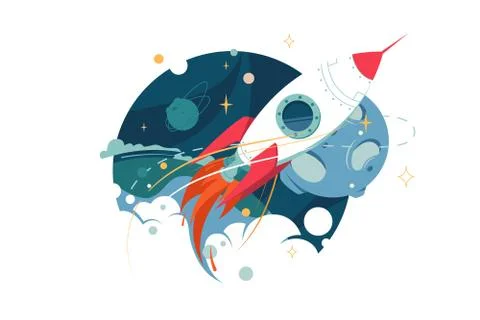 Space rocket from earth into space and flights among stars. Stock Illustration