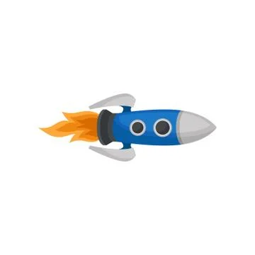 Space rocket with engine fire. Spacecraft with two round windows. Flat vector Stock Illustration