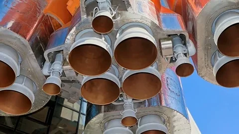 Space rocket engine over blue sky background Stockbeeldmateriaal 69166219