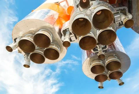 Space rocket engines of the russian spacecraft over blue sky background Stock Photos