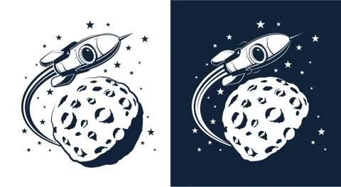 Space Rocket flies around the planet with craters similar to the moon Stock-Illustration