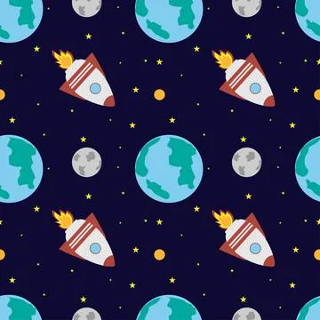 A space rocket flies near the earth and the moon on a dark blue background. Stock Illustration