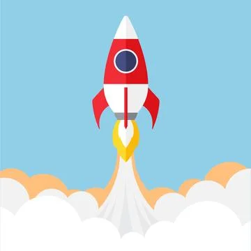 Space rocket flies out of clouds. Successful business start and technology. S Stock Illustration