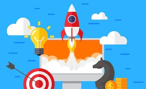 Space rocket flies out of computer screen. Successful business start and te.. イラスト素材