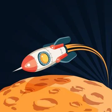 Space rocket flies over the surface of the planet like a moon Stock Illustration