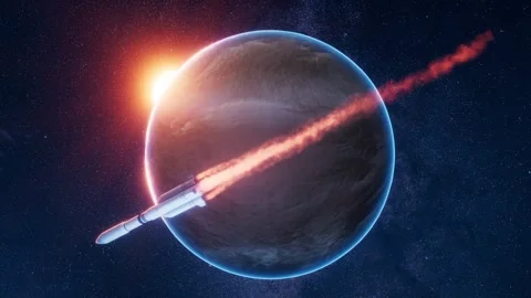 Space rocket flies past mysterious alien planet with bright sun and nebula .. Stock Footage 332315237