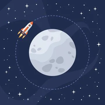 Space rocket flying around the Moon on the background of the starry universe Иллюстрация