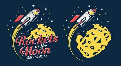 Space rocket flying around the planet with craters - retro emblem poster Stock Illustration