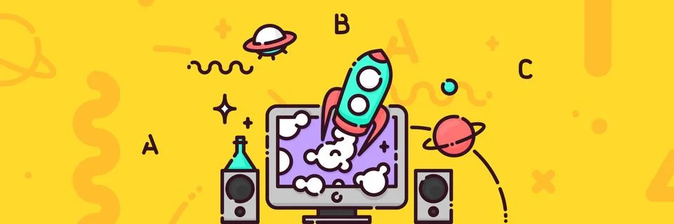 Space rocket flying from computer screen vector banner Stock Illustration