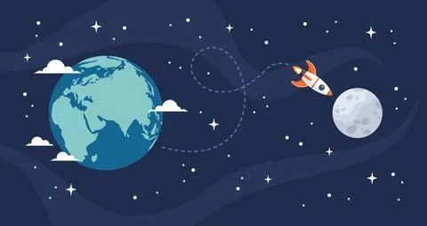 Space rocket flying from Earth to the Moon, vector illustration in flat style Stock Illustration
