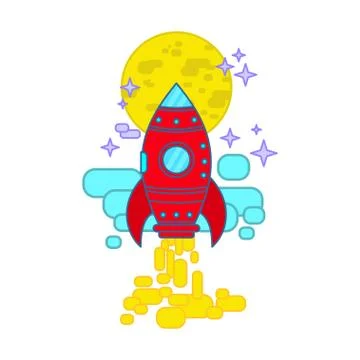 Space rocket flying in sky, flat design colored vector illustration Stock Illustration
