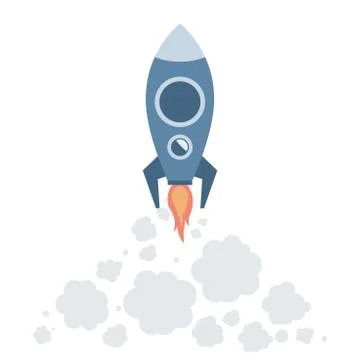 Space rocket flying to the sky vector flat illustration. Space rocket starts up Stock Illustration
