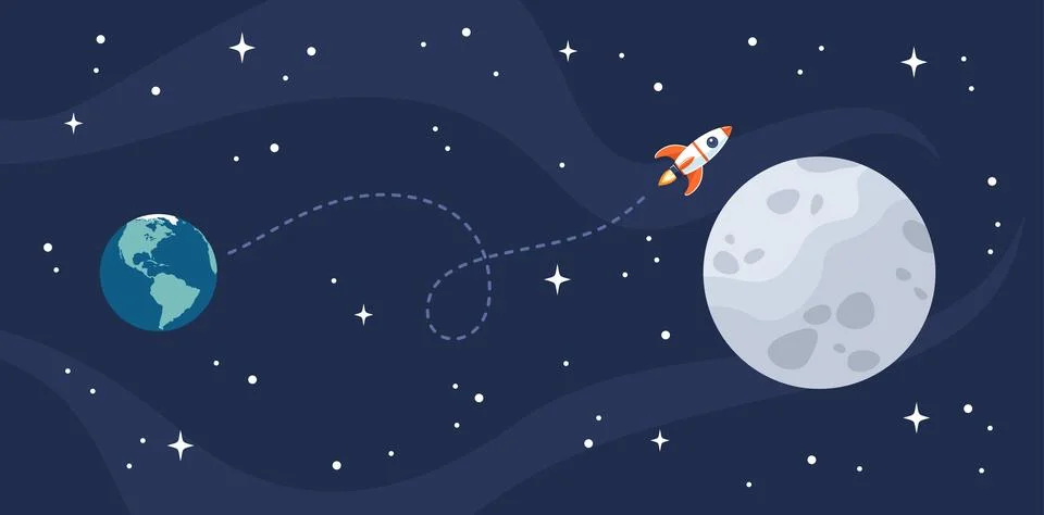 Space rocket flying from small Earth in the background to large Moon Stock Illustration