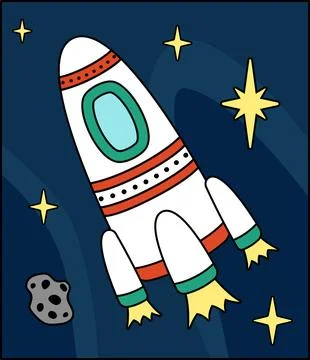 Space rocket is flying in space. Childish space illustration. Cartoon, vector. Illustrazione stock