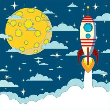 Space rocket flying in space with moon and stars on background Stock Illustration