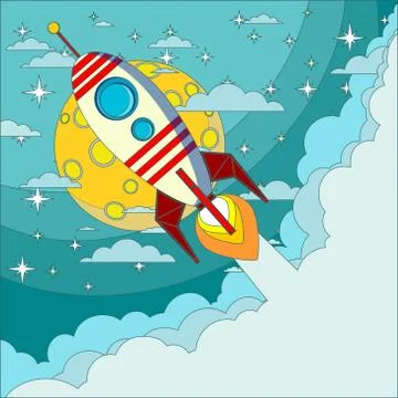 Space rocket flying in space with moon and stars on background print Stock Illustration