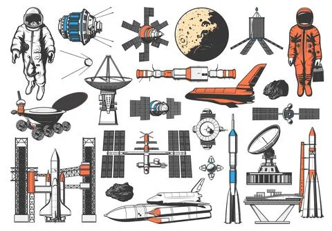 Space rocket, galaxy satellite, spaceman spaceship Stock Illustration