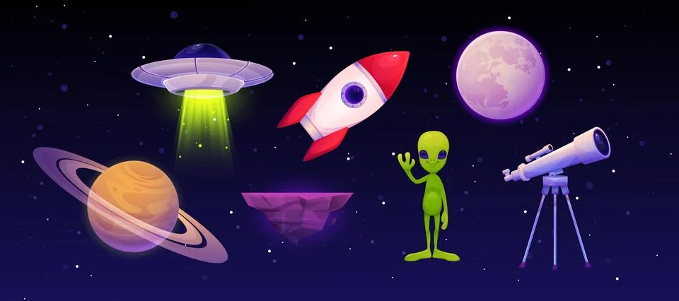 Space rocket game. UFO, cute alien, telescope and asteroid. Cartoon cosmos Stock Illustration
