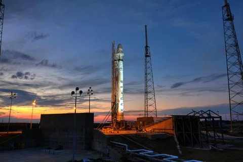 Space rocket installed on launch pad before countdown Stock Photos