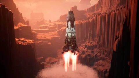 A space rocket lands on an unknown beautiful planet. 3D Rendering. Stock Illustration