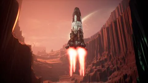 A space rocket lands on an unknown beautiful planet. 3D Rendering. Stock Illustration