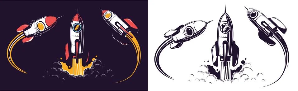 Space rocket launch and flies Illustrazione stock