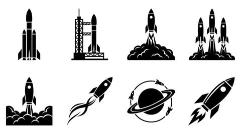 Space rocket launch and orbital flight silhouette icon set collection Stock Illustration