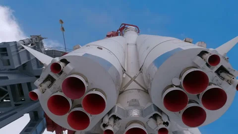Space rocket on launch complex, four powerful jet engines with multiple nozzles Stock Footage 187839345