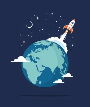 Space rocket launch from Earth globe into space, flat vector illustration Stock Illustration