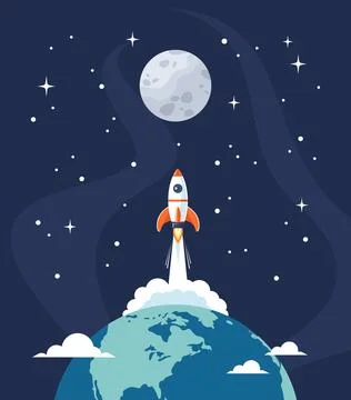 Space rocket launch from Earth globe to Moon, vector illustration Illustrazione stock