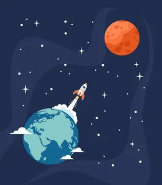 Space rocket launch from Earth to Mars, flat vector illustration Stock Illustration