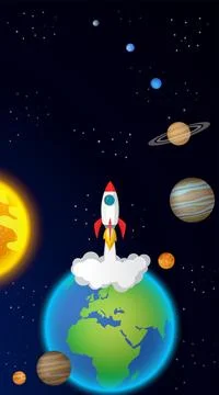 Space rocket launch from the earth to our solar system which light starts, .. Illustrazione stock