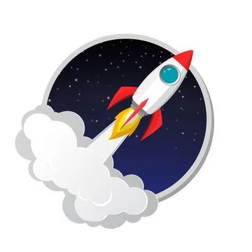 Space rocket launch model icon and flame on night sky and smoke backgruond... Illustrazione stock