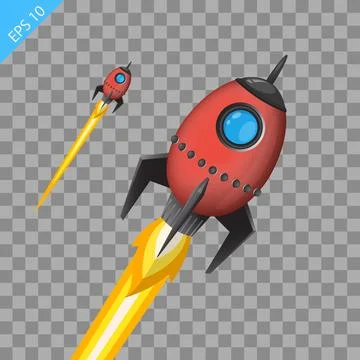 Space rocket launch model icon and flame. Illustrazione stock