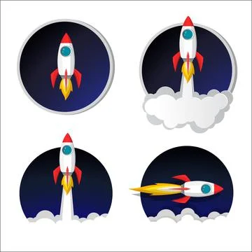 Space rocket launch model icon set and flame on night sky and smoke backgro.. Illustrazione stock