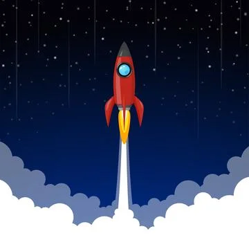 Space rocket launch to the night sky, stars and clouds on background. Illustrazione stock