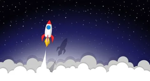 Space rocket launch to the night sky, stars and clouds on background. vecto.. Illustrazione stock