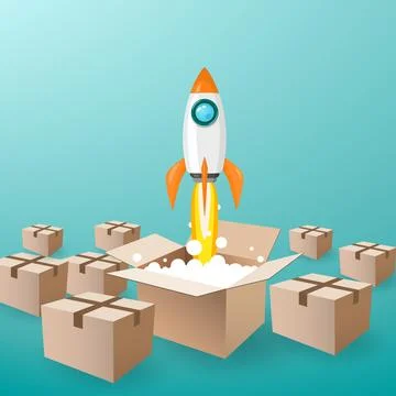 Space rocket launch from the opening box to the sky, and many close box on .. Illustrazione stock