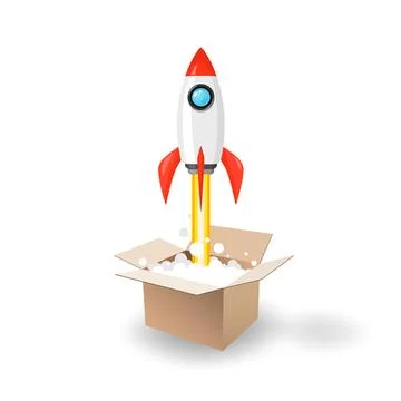 Space rocket launch from the opening box. Illustrazione stock