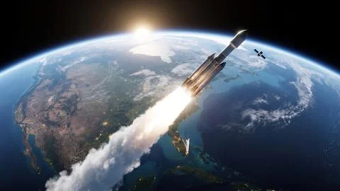 Space Rocket Launch Over Earth Horizon - Digital Illustration Stock Photos