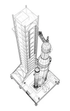 Space Rocket on launch pad Stock Illustration